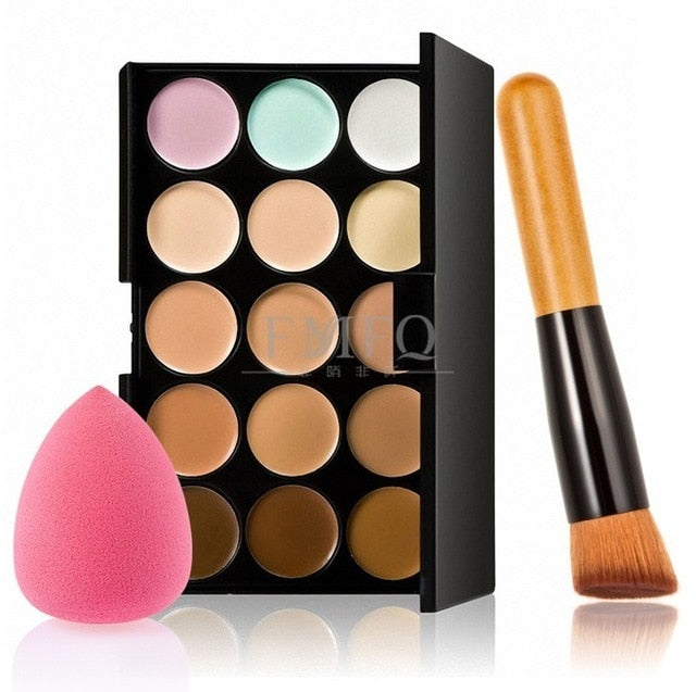 15 color Concealer Contouring Cream Based makeup cosmetic set brush Sponge Puff