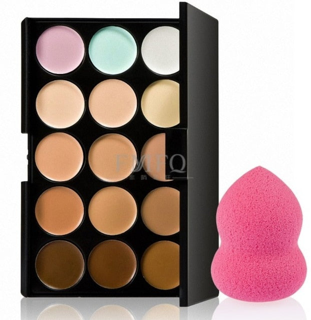 15 color Concealer Contouring Cream Based makeup cosmetic set brush Sponge Puff