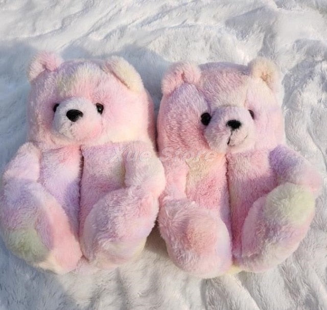 Teddy Bear women christmas plush slippers Cartoon Cute Bear House Slipper Furry Faux Fur Slides Woman Furry Flip Flop Shoes