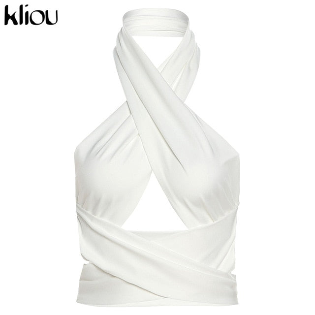 Kliou Solid Halter Crop Tops Women Bandage Hole Sexy Backless Tanks Vest Skinny Party Clubwear Female Hot Outwear Outfits Summer