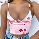 Nadafair Satin Corset Tops Women Wrap V Neck Floral Tanks Camis  Sexy Bustier Summer Tube Crop Tops Festival Outfit