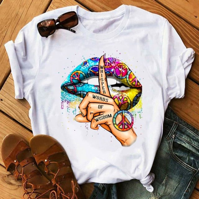 ZOGANKIN Cool Streetwear Female Black T-shirt Rainbow Lip and Butterfly Print Harajuku  Women Summer Cotton T Shirt Femme Tops