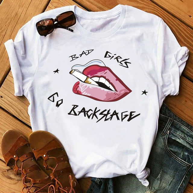 ZOGANKIN Cool Streetwear Female Black T-shirt Rainbow Lip and Butterfly Print Harajuku  Women Summer Cotton T Shirt Femme Tops