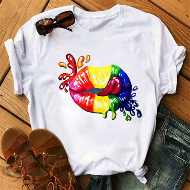 ZOGANKIN Cool Streetwear Female Black T-shirt Rainbow Lip and Butterfly Print Harajuku  Women Summer Cotton T Shirt Femme Tops