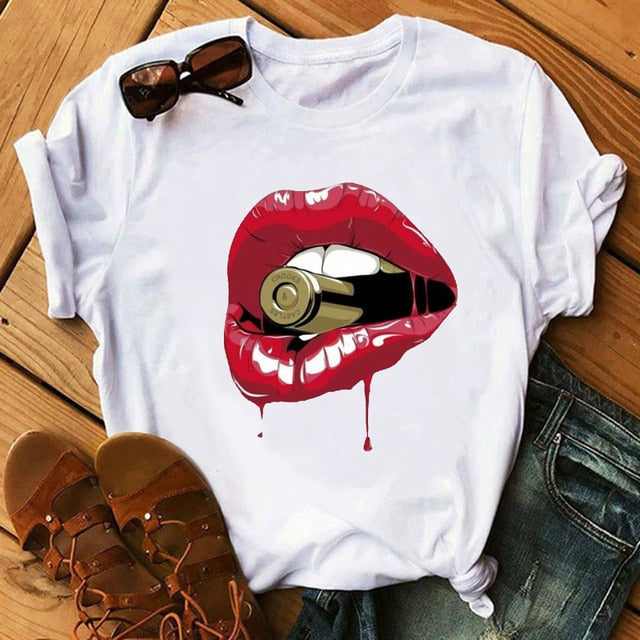 ZOGANKIN Cool Streetwear Female Black T-shirt Rainbow Lip and Butterfly Print Harajuku  Women Summer Cotton T Shirt Femme Tops