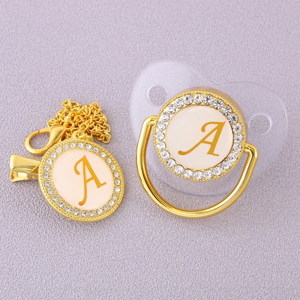Luxury Transparent Initial Letter A Bling Bling Baby Pacifier with Chain Clip Newborn BPA Free Dummy Soother Chupeta Sucette