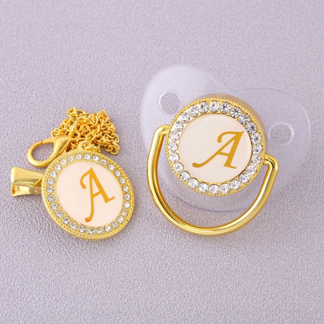Luxury Transparent Initial Letter A Bling Bling Baby Pacifier with Chain Clip Newborn BPA Free Dummy Soother Chupeta Sucette