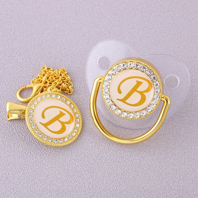 Luxury Transparent Initial Letter A Bling Bling Baby Pacifier with Chain Clip Newborn BPA Free Dummy Soother Chupeta Sucette