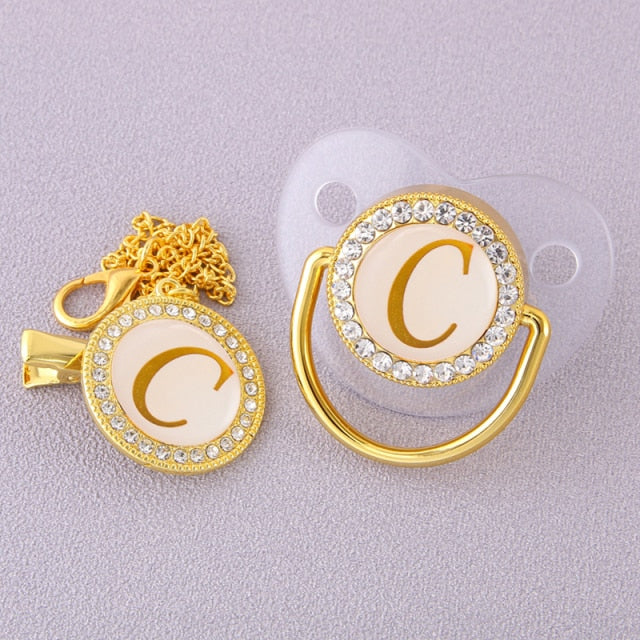 Luxury Transparent Initial Letter A Bling Bling Baby Pacifier with Chain Clip Newborn BPA Free Dummy Soother Chupeta Sucette