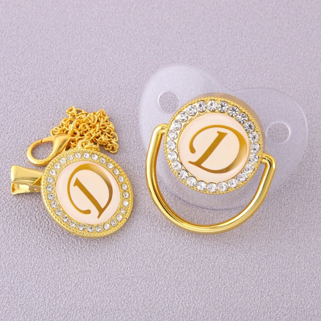 Luxury Transparent Initial Letter A Bling Bling Baby Pacifier with Chain Clip Newborn BPA Free Dummy Soother Chupeta Sucette