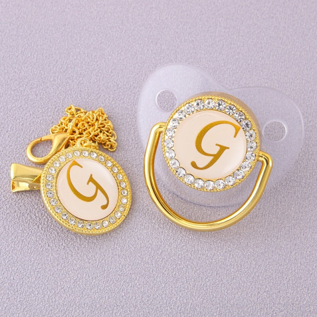 Luxury Transparent Initial Letter A Bling Bling Baby Pacifier with Chain Clip Newborn BPA Free Dummy Soother Chupeta Sucette
