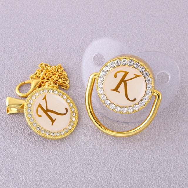 Luxury Transparent Initial Letter A Bling Bling Baby Pacifier with Chain Clip Newborn BPA Free Dummy Soother Chupeta Sucette