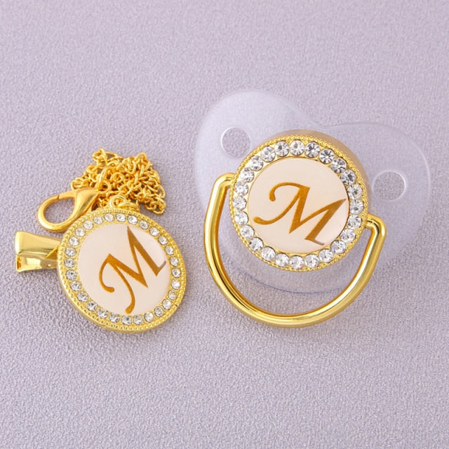 Luxury Transparent Initial Letter A Bling Bling Baby Pacifier with Chain Clip Newborn BPA Free Dummy Soother Chupeta Sucette