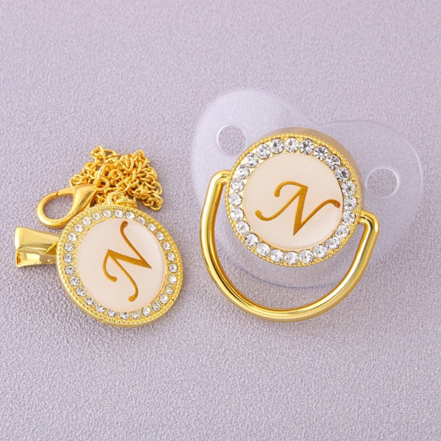 Luxury Transparent Initial Letter A Bling Bling Baby Pacifier with Chain Clip Newborn BPA Free Dummy Soother Chupeta Sucette