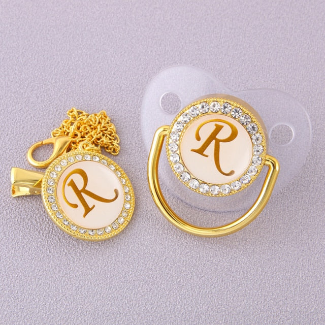 Luxury Transparent Initial Letter A Bling Bling Baby Pacifier with Chain Clip Newborn BPA Free Dummy Soother Chupeta Sucette