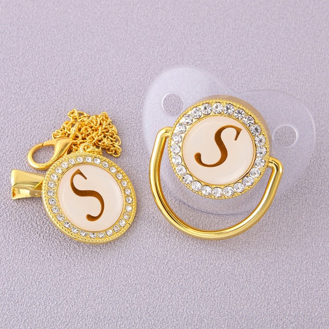 Luxury Transparent Initial Letter A Bling Bling Baby Pacifier with Chain Clip Newborn BPA Free Dummy Soother Chupeta Sucette