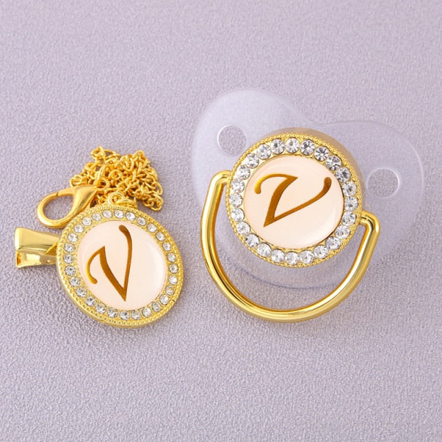 Luxury Transparent Initial Letter A Bling Bling Baby Pacifier with Chain Clip Newborn BPA Free Dummy Soother Chupeta Sucette