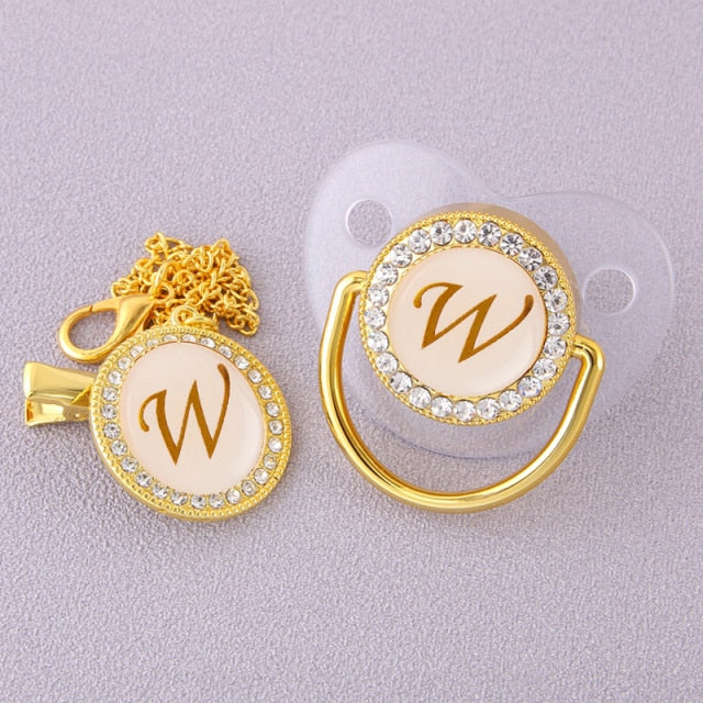 Luxury Transparent Initial Letter A Bling Bling Baby Pacifier with Chain Clip Newborn BPA Free Dummy Soother Chupeta Sucette