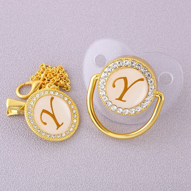 Luxury Transparent Initial Letter A Bling Bling Baby Pacifier with Chain Clip Newborn BPA Free Dummy Soother Chupeta Sucette