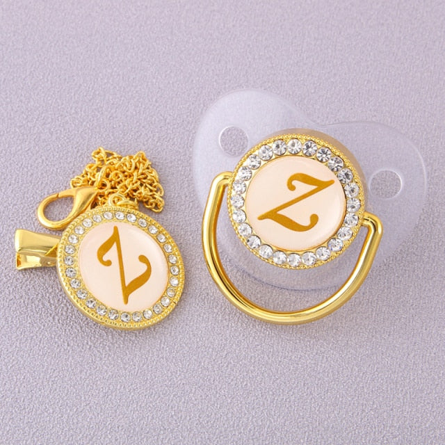 Luxury Transparent Initial Letter A Bling Bling Baby Pacifier with Chain Clip Newborn BPA Free Dummy Soother Chupeta Sucette