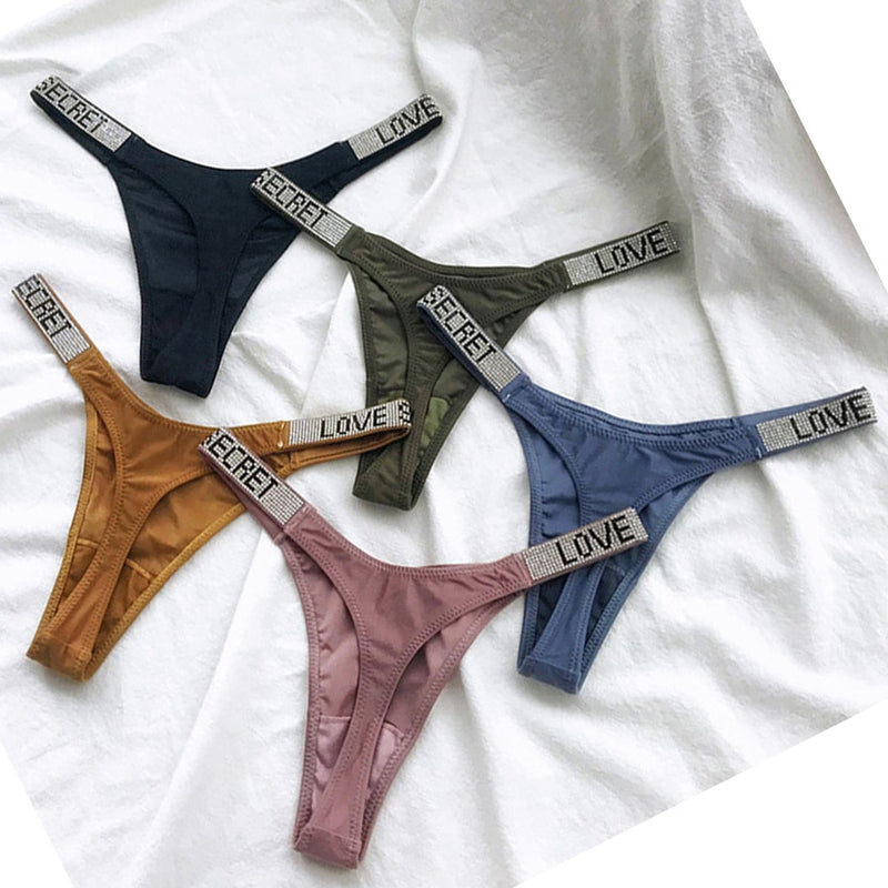 Letter Rhinestone Panties Underwear Hip Lifting Satin Thong Sexy Low Waist Seamless Briefs Lingerie Swimwear Bottom 2021 NEW