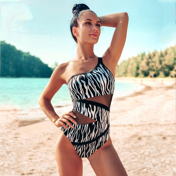 Andzhelika Sexy One Shoulder One Piece Swimsuit 2021 New Off Shoulder Mesh Patchwork Swimwear Bodysuit Bathing Suit Monokini