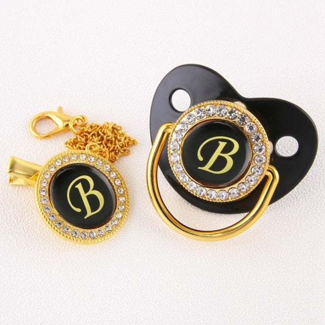 Luxury Black Bling Baby Pacifier And Clip Alphabet Letter M Infant Pacifier Gold Letter Unique 26 Name Initials Baby Shower Gift