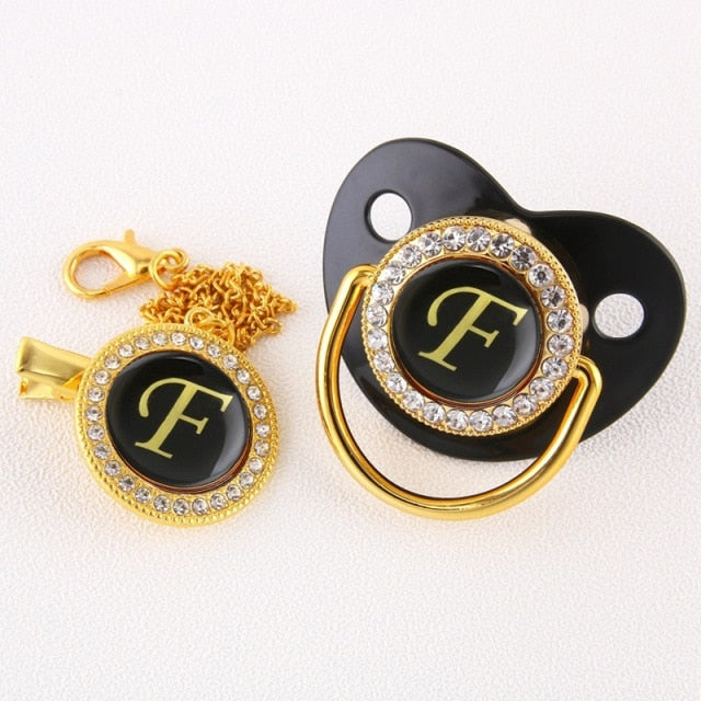 Luxury Black Bling Baby Pacifier And Clip Alphabet Letter M Infant Pacifier Gold Letter Unique 26 Name Initials Baby Shower Gift