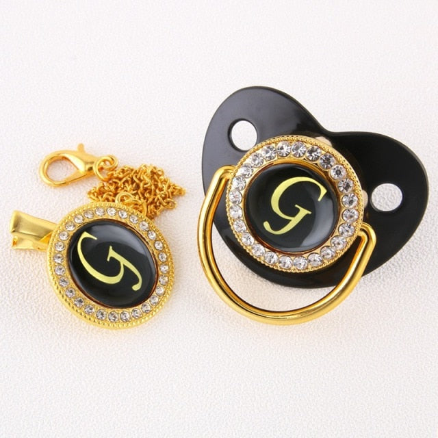 Luxury Black Bling Baby Pacifier And Clip Alphabet Letter M Infant Pacifier Gold Letter Unique 26 Name Initials Baby Shower Gift