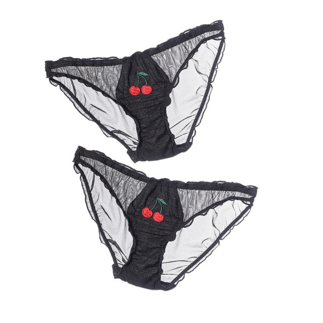 BIONEK Women Sexy Lace Underwear Ruffle Panties Japanese Lolita Style Transparent Seersucker Lingerie Fruit Embroidery Briefs