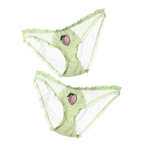 BIONEK Women Sexy Lace Underwear Ruffle Panties Japanese Lolita Style Transparent Seersucker Lingerie Fruit Embroidery Briefs