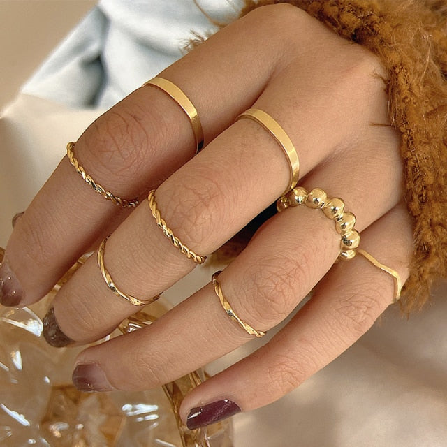 17KM Punk Gold Wide Chain Rings Set For Women Girls Fashion Irregular Finger Thin Rings Gift 2021 Female Jewelry Party
