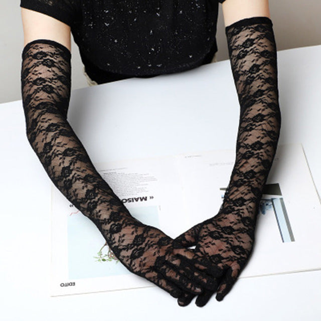Elegant Women Ultra-Thin Long Summer Driving Cycling Sexy Black Sunscreen Gloves Female Anti-UV Elasticity Lace Mesh Gloves H98