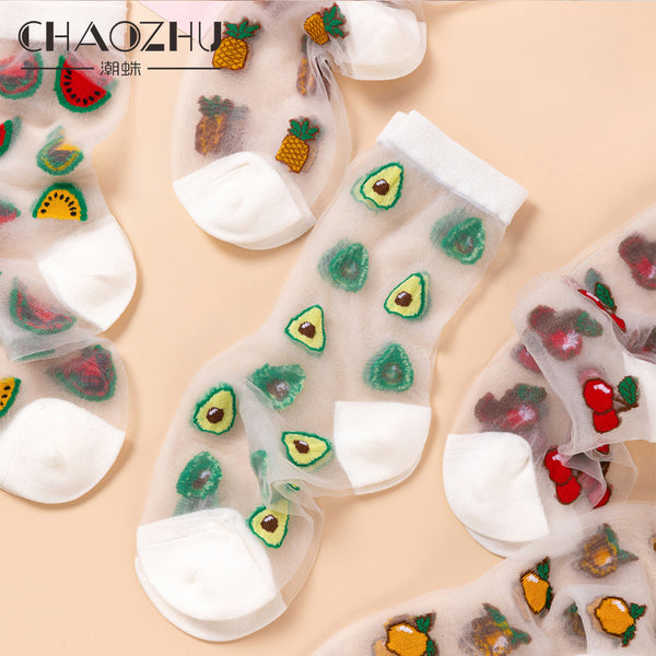 CHAOZHU Girls Cute Cartoon Fruits Sheer Kawaii Lady Women Summer Fall Avocado Lemon Pineapple Cherry Jacquard Socks Female