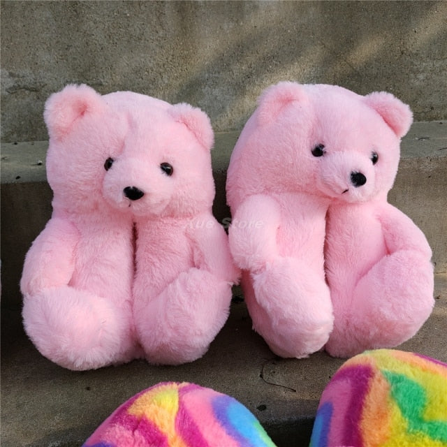 Teddy Bear women christmas plush slippers Cartoon Cute Bear House Slipper Furry Faux Fur Slides Woman Furry Flip Flop Shoes