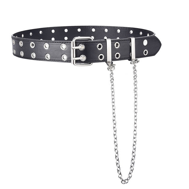 Women's Single Double or Rivet Grommet Belt, Punk Waist Belt with Chain Detachable 2 Hole Belt