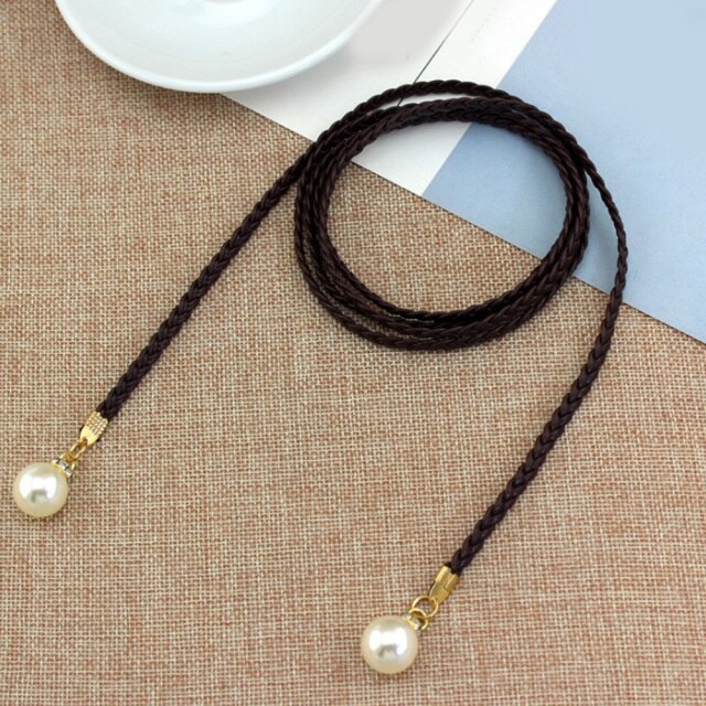 Fashion Thin PU Leather Belt Simulated Pearl Elastic Waist Belts Women Dress Skirt Decoration Fashion Girles Gifts Women Belt