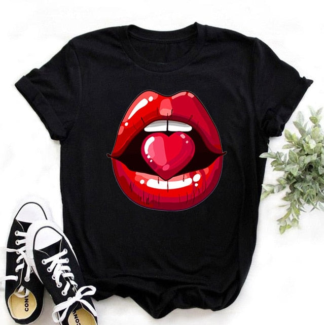 WVIOCE Lips Watercolor Graphic T Shirt Lip Women Tops O-neck Sexy Black Tees Kiss Lip Funny Summer Female Soft T Shirt 9180