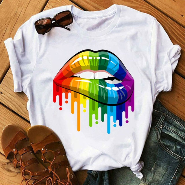 WVIOCE Lips Watercolor Graphic T Shirt Lip Women Tops O-neck Sexy Black Tees Kiss Lip Funny Summer Female Soft T Shirt 9180