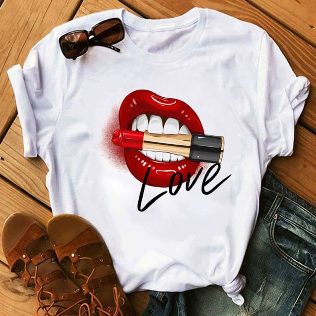 WVIOCE Lips Watercolor Graphic T Shirt Lip Women Tops O-neck Sexy Black Tees Kiss Lip Funny Summer Female Soft T Shirt 9180