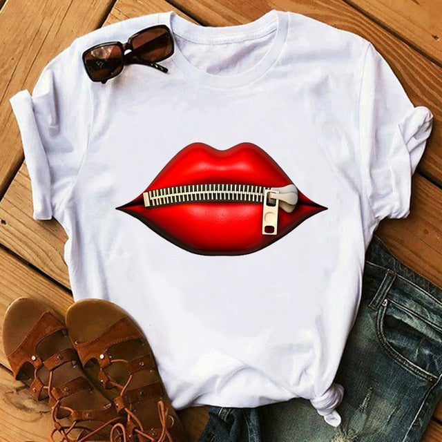 WVIOCE Lips Watercolor Graphic T Shirt Lip Women Tops O-neck Sexy Black Tees Kiss Lip Funny Summer Female Soft T Shirt 9180