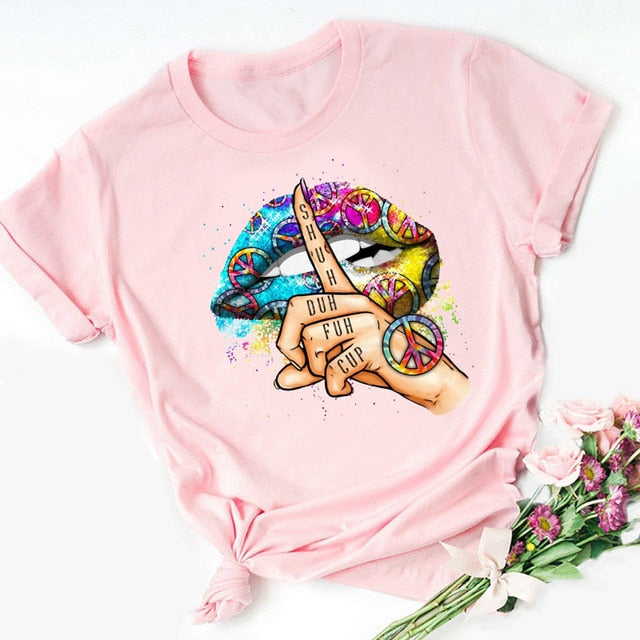 WVIOCE Lips Watercolor Graphic T Shirt Lip Women Tops O-neck Sexy Black Tees Kiss Lip Funny Summer Female Soft T Shirt 9180