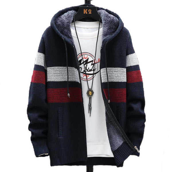 FALIZA Men's Striped Sweater Coat Thick Fleece Warm Zipper Wool Hooded Cardigan Jumpers Men Long Sleeve Knitted Sweaters XY110