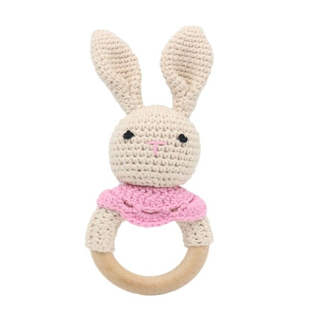 1pc Wooden Crochet Bunny Rattle Toy BPA Free Wood Ring Baby Teether Rodent Baby Gym Mobile Rattles Newborn Educational Toys
