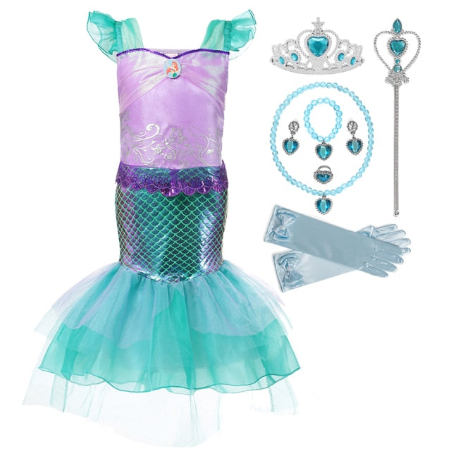 Girl Princess Little Mermaid Ariel Dress Kids Halloween Fancy Costume Children Carnival Birthday Party Clothes Summer Dress Up