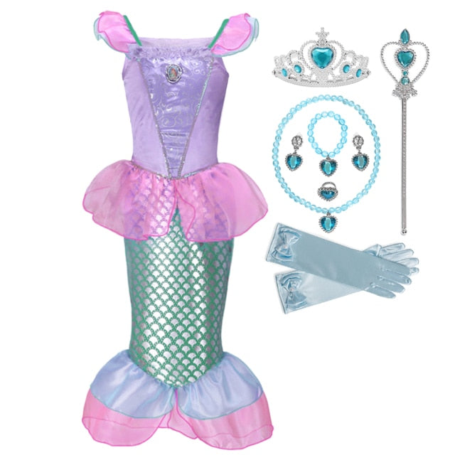 Girl Princess Little Mermaid Ariel Dress Kids Halloween Fancy Costume Children Carnival Birthday Party Clothes Summer Dress Up