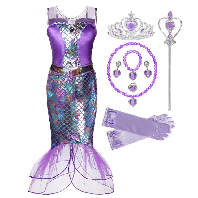 Girl Princess Little Mermaid Ariel Dress Kids Halloween Fancy Costume Children Carnival Birthday Party Clothes Summer Dress Up
