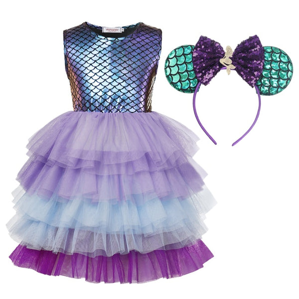 Girl Princess Little Mermaid Ariel Dress Kids Halloween Fancy Costume Children Carnival Birthday Party Clothes Summer Dress Up