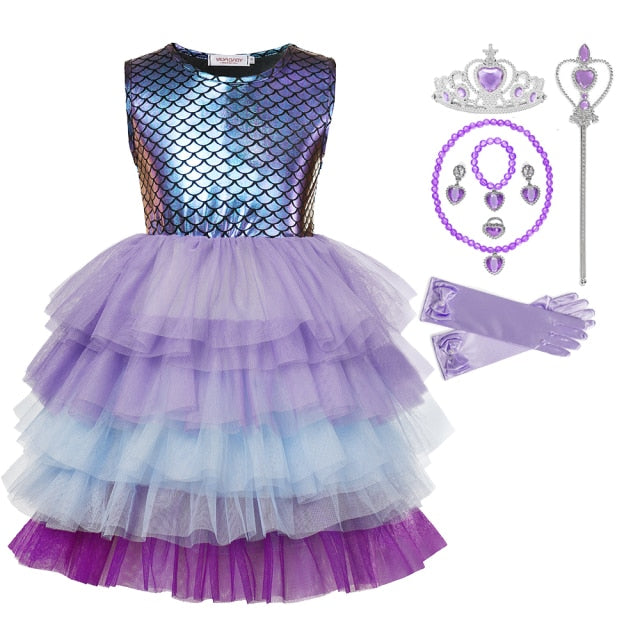 Girl Princess Little Mermaid Ariel Dress Kids Halloween Fancy Costume Children Carnival Birthday Party Clothes Summer Dress Up