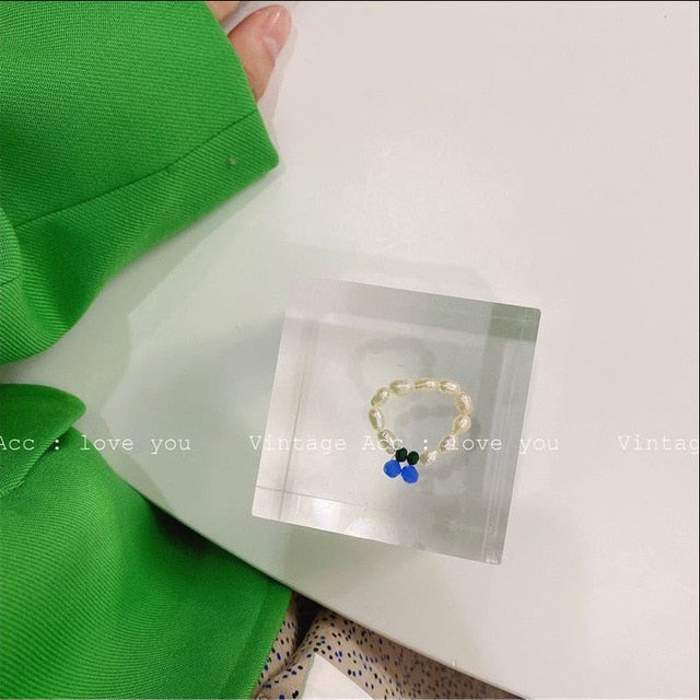 AOMU 2020 Fashion Crystal Beaded Rings Cute Minimalist Coloful Beads Geometric Stacked Fine Rings for Women Party Gift Jewelry